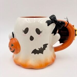 Haunted Halloween Figural Ghost Mug with Pumpkin Bat and Bow 17oz Orange White